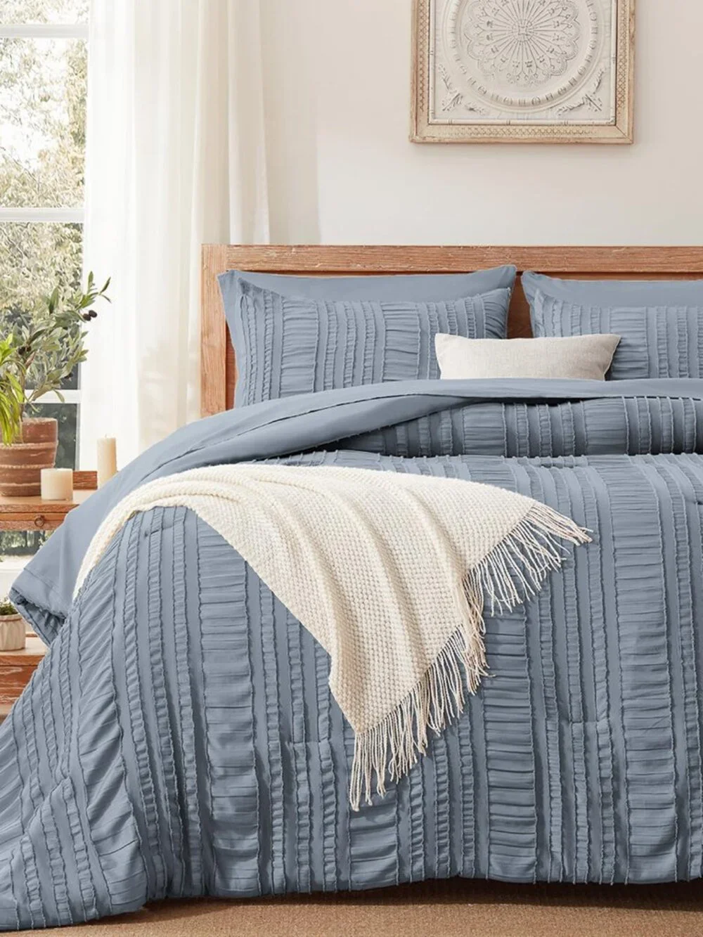DHSFKBE Blue Tufted Comforter Set Queen Size 7 Piece Bed in a Bag Microfiber